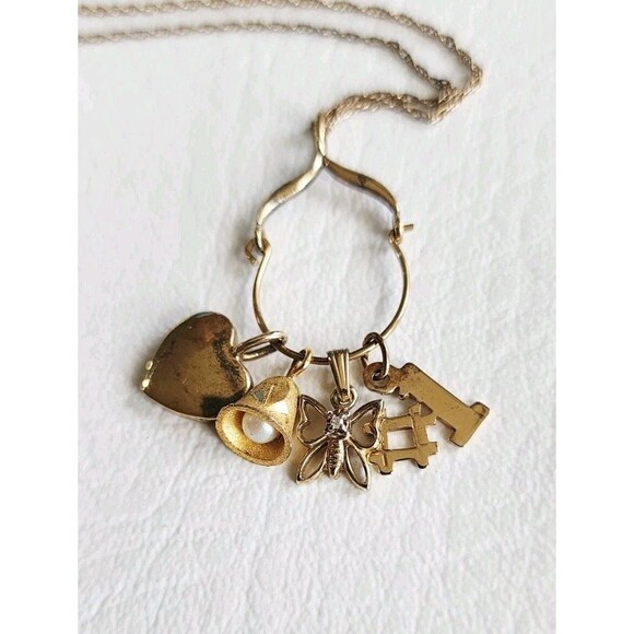 Vintage Sterling Silver Vermeil Charm Holder Necklace Heart Butterfly Number 1 - Picture 4 of 10